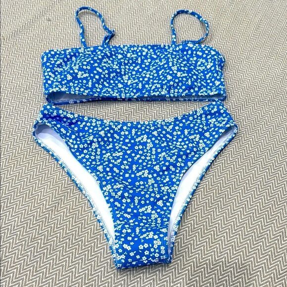 SHEIN Blue and White Bikini Swimwear 2 Piece Size Small High Waisted - Picture 1 of 4
